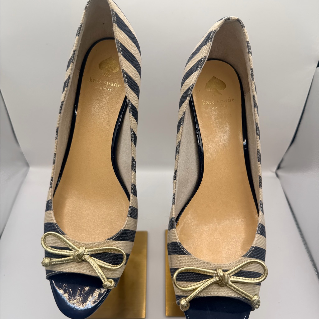 Kate Spade Striped Navy And Cream Heels With Gold Bow